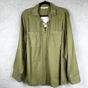 NEW Marc New York Tencel Army Olive Green Double Pocket Roll Tab V Neck Blouse